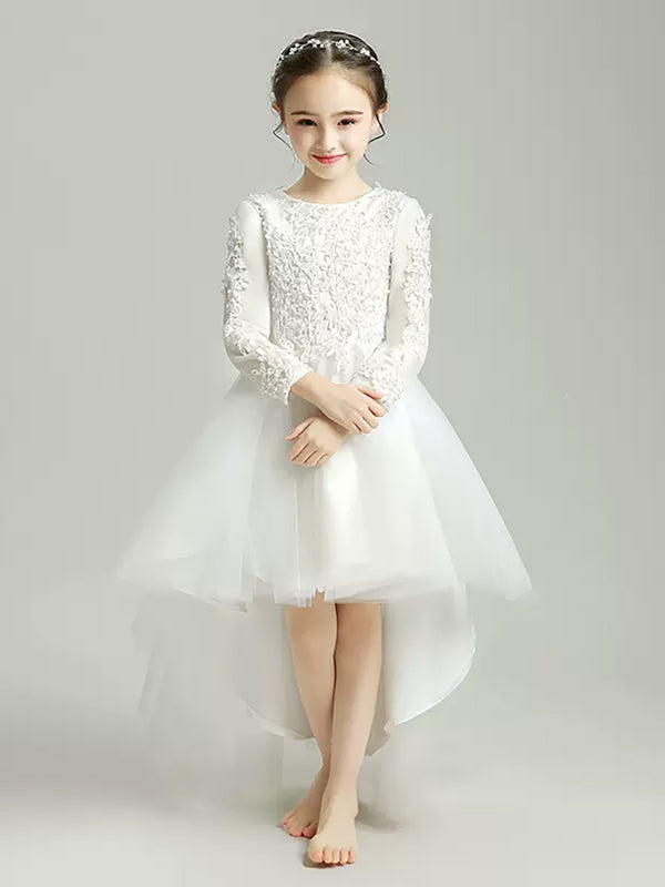 Girls' White Long-sleeved Princess Dress Puffy Dress Evening Gown Flower Kid's Wedding Dress - Dorabear