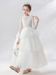 Girls' White Wedding Dress Princess Dress Long Sleeve Piano Performance Costume Evening Gown - Dorabear