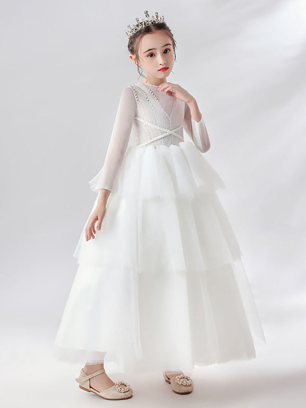 Girls' White Wedding Dress Princess Dress Long Sleeve Piano Performance Costume Evening Gown - Dorabear