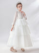 Girls' White Wedding Dress Princess Dress Long Sleeve Piano Performance Costume Evening Gown - Dorabear