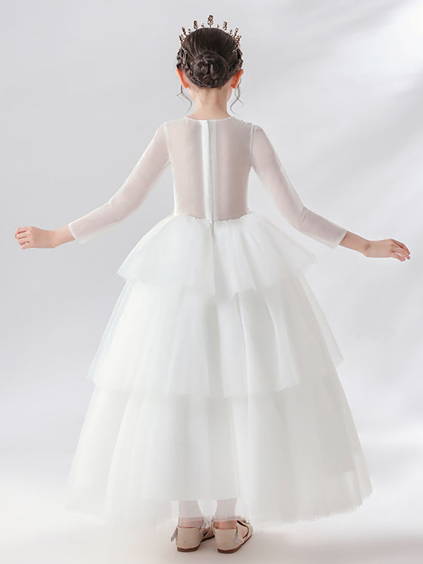 Girls' White Wedding Dress Princess Dress Long Sleeve Piano Performance Costume Evening Gown - Dorabear