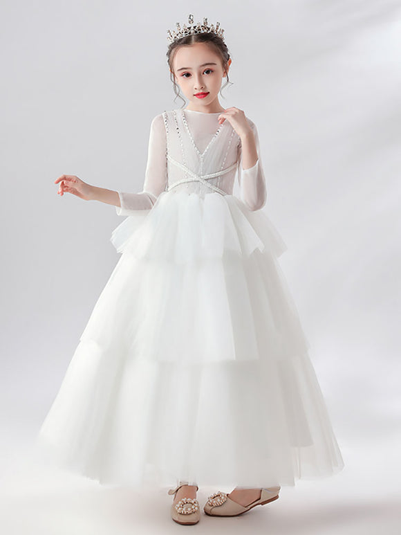 Girls' White Wedding Dress Princess Dress Long Sleeve Piano Performance Costume Evening Gown - Dorabear