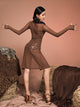 High-neck Leopard-print Latin Dance Long-sleeved Dress - Dorabear