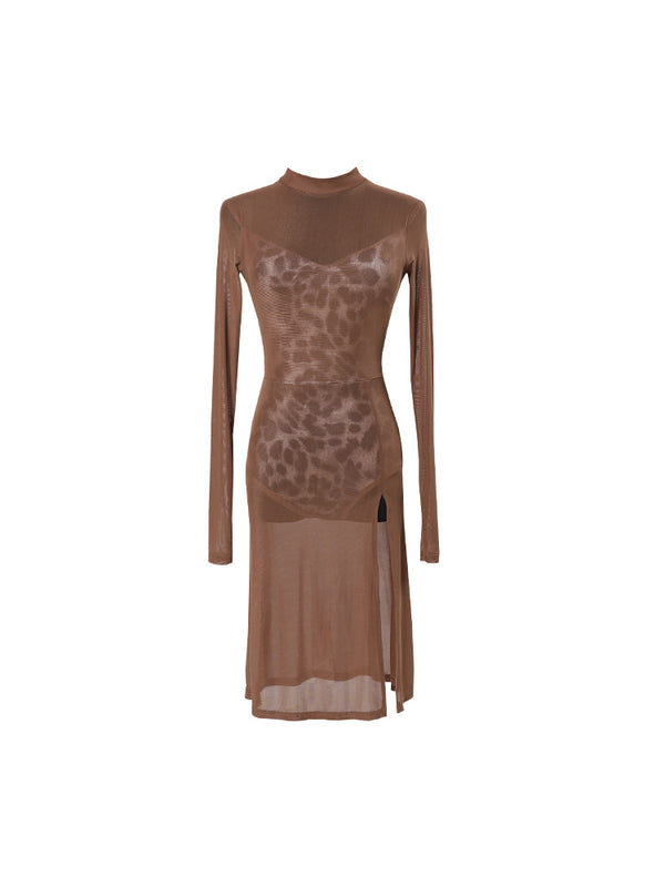 High-neck Leopard-print Latin Dance Long-sleeved Dress - Dorabear