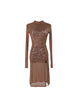 High-neck Leopard-print Latin Dance Long-sleeved Dress - Dorabear