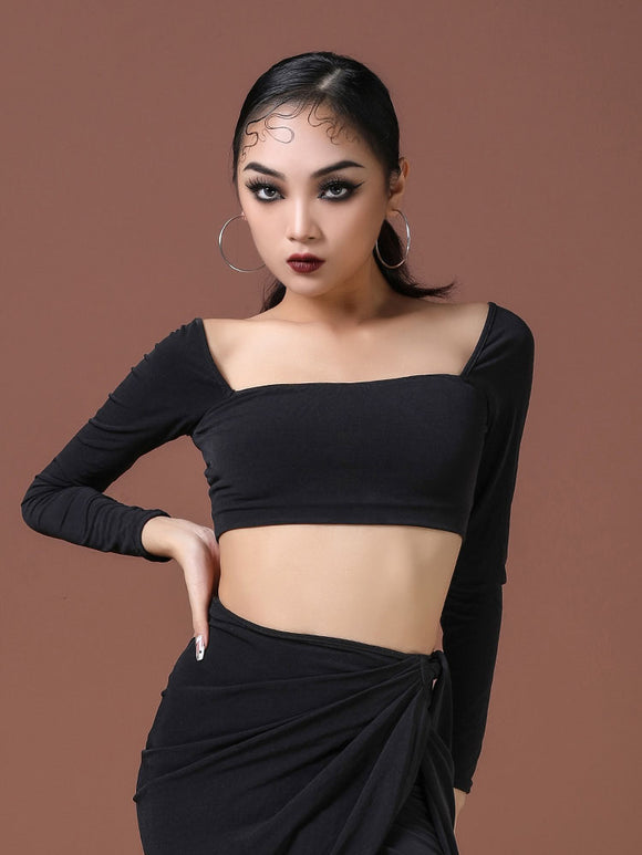 High Waist Long Sleeve Square Collar Top Latin Dance Practice Clothes - Dorabear