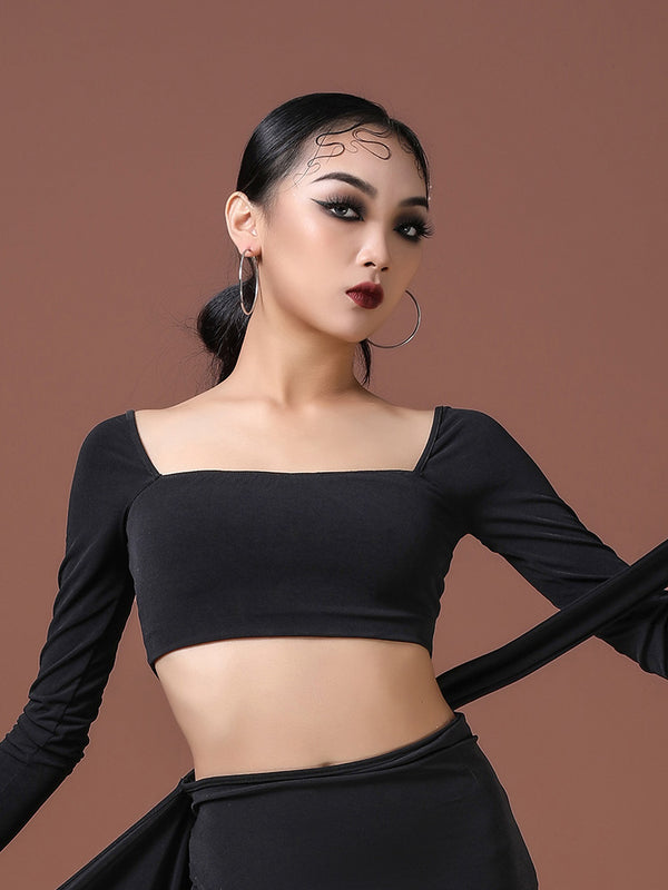 High Waist Long Sleeve Square Collar Top Latin Dance Practice Clothes - Dorabear