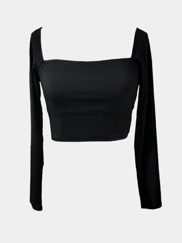 High Waist Long Sleeve Square Collar Top Latin Dance Practice Clothes - Dorabear