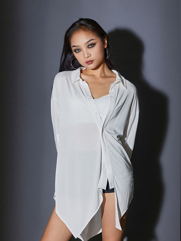 Latin Dance Asymmetrical Hem Front Slanted Placket Shirt Exercise Clothes - Dorabear