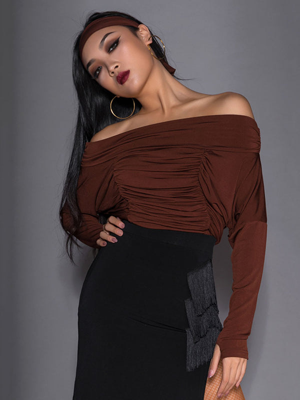 Latin Dance Boat Neck Batwing Sleeve High Waist Top Exercise Clothes - Dorabear