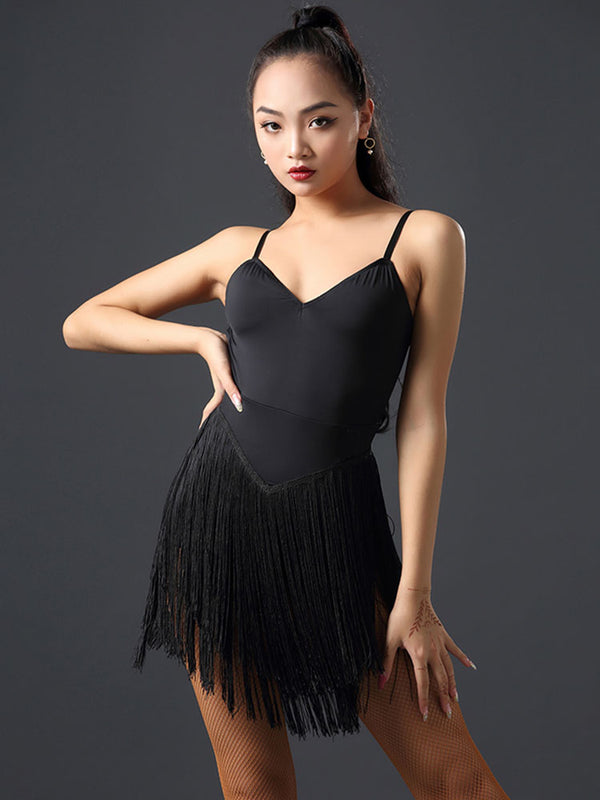 Latin Dance Clothes Backless Tassel Splicing Suspender Dress Practice Clothes - Dorabear