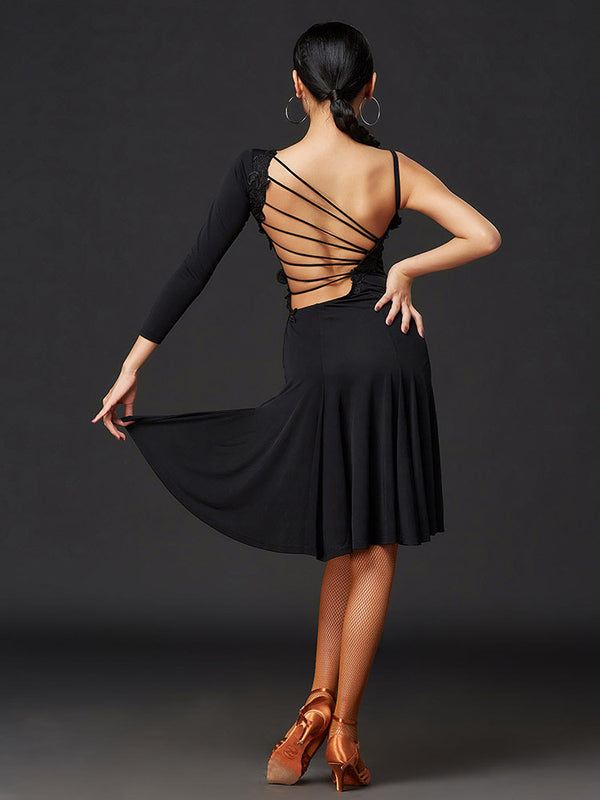 Latin Dance Dress Irregular One Shoulder Long Sleeve Backless Performance Clothing - Dorabear