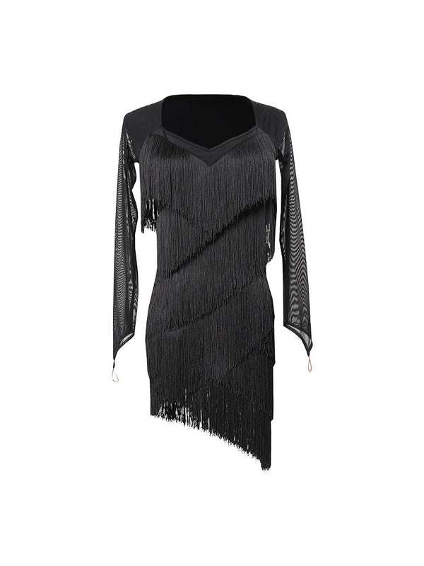 Latin Dance Long Sleeve Tassel Dress Professional Performance Clothing - Dorabear