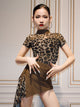 Latin Dance Practice Suit Leopard Print Top Skirt Split Suit - Dorabear