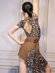 Latin Dance Practice Suit Leopard Print Top Skirt Split Suit - Dorabear