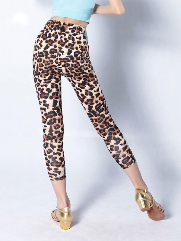 Leopard Print Latin Dance Trousers Autumn Scropped Exercise Pants - Dorabear