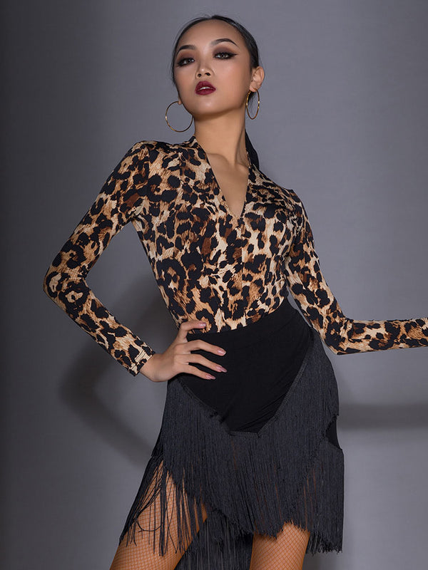 Leopard Print V-Neck Dance Leotard Autumn/Winter Latin Dance Costumes - Dorabear