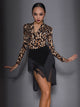 Leopard Print V-Neck Dance Leotard Autumn/Winter Latin Dance Costumes - Dorabear