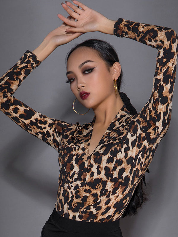 Leopard Print V-Neck Dance Leotard Autumn/Winter Latin Dance Costumes - Dorabear