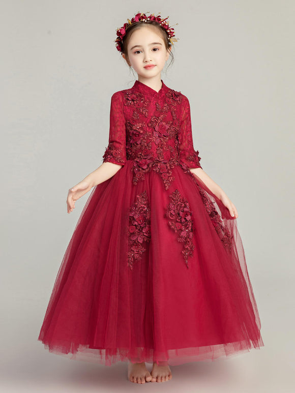 Long-sleeve Evening Gown Princess Dress Flower Kid's Fluffy Gauze Piano Performance Costume - Dorabear