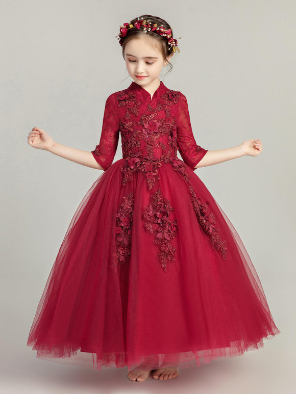 Long-sleeve Evening Gown Princess Dress Flower Kid's Fluffy Gauze Piano Performance Costume - Dorabear