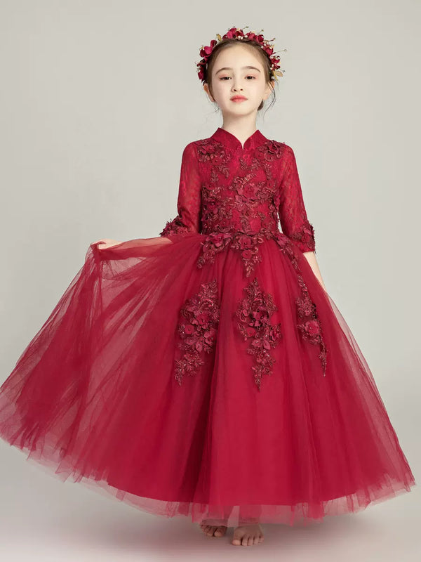 Long-sleeve Evening Gown Princess Dress Flower Kid's Fluffy Gauze Piano Performance Costume - Dorabear