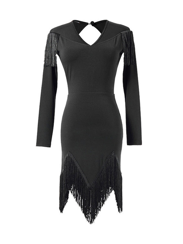 Long-sleeved Fringed Latin Dance Dress Autumn/Winter Practice Clothes - Dorabear