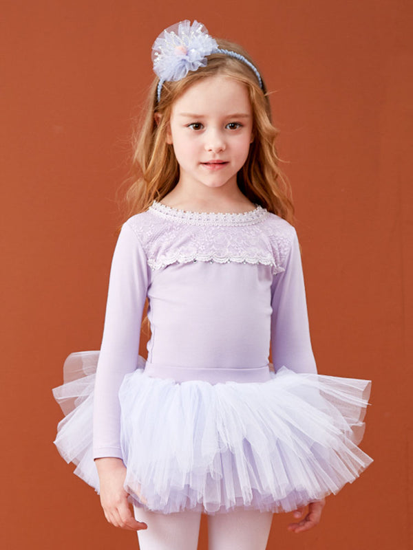 Long Sleeve Lace Paneled Bow Ballet Dress Practice Clothes - Dorabear