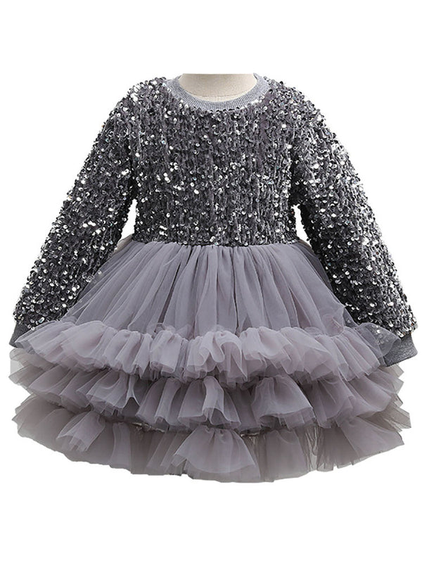 Long Sleeve Round Neck Princess Dress Sequin Dress New Year's Dress - Dorabear