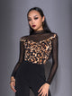 Long Sleeve Stand Collar Leopard Print Bodysuit Latin Dance Practice Clothes - Dorabear