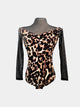 Long Sleeve Stand Collar Leopard Print Bodysuit Latin Dance Practice Clothes - Dorabear