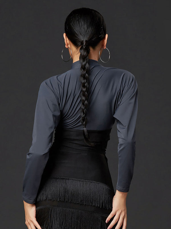 Long Sleeve V-Neck Contrast Color Strap Short Top Latin Dance Practice Clothes - Dorabear