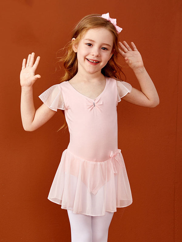 Mesh Short Sleeve Side Waist Bow Dress Ballet Dance Practice Clothes - Dorabear