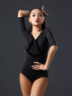 Mid-Sleeve Velvet Patchwork Double Layer Mesh Latin Dance Leotard - Dorabear