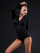 Neckline Stitching Velvet V-Neck Long Sleeve Leotard Latin Dance Costume - Dorabear