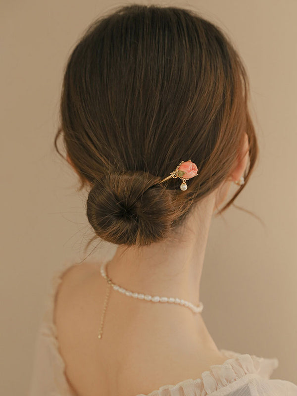 Oriental Element Rose Eternal Flower Hairpin Ancient Style Bun Head Coiled Hair Headdress - Dorabear