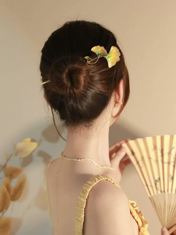 Oriental Style Ginkgo Leaf Hairpin Bun headdress Ancient Style Elegant Coiled Hair Accessories - Dorabear