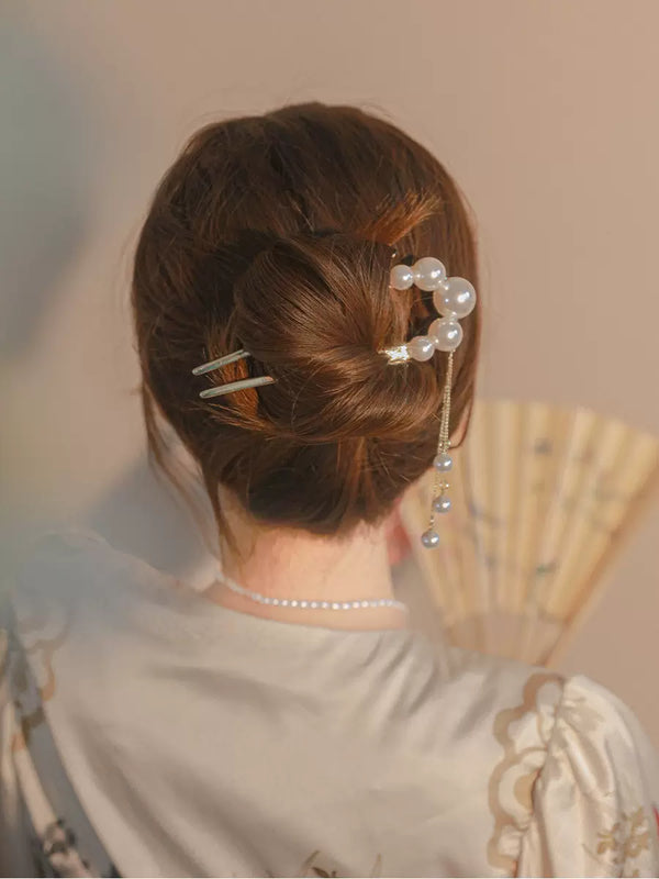 Oriental Style Pearl Tassel U-shaped Hairpin Simple Modern Coiled Hair Headdress - Dorabear