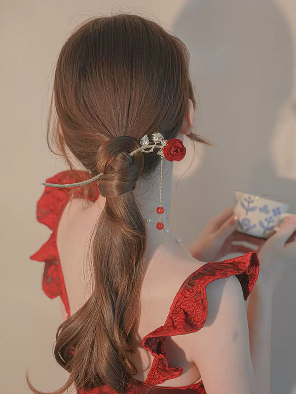 Oriental Style Rose Hairpin Ancient Element Tassel Hairpin Retro Hair Headdress - Dorabear