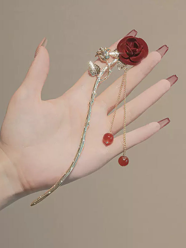 Oriental Style Rose Hairpin Ancient Element Tassel Hairpin Retro Hair Headdress - Dorabear