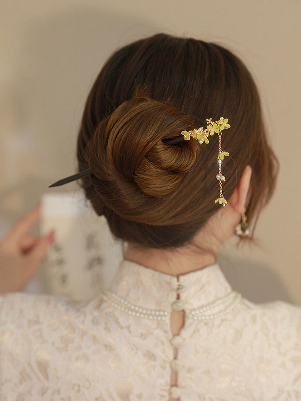 Osmanthus Fringe Step Shake Coiled Hair Wood Hairpin Ancient Style Cheongsam Headwear - Dorabear