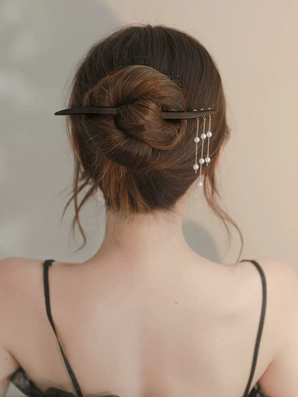 Pearl Tassel Hairpin Wooden Hair Accessories Antique Cheongsam Pan Hair Headdress - Dorabear