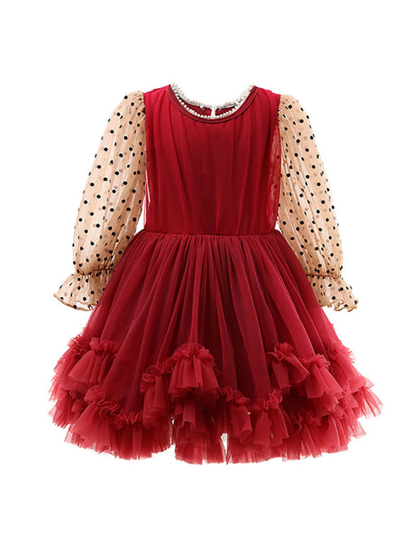 Polka Dot Mesh Long Sleeve Dress Princess Dress Formal Dress - Dorabear