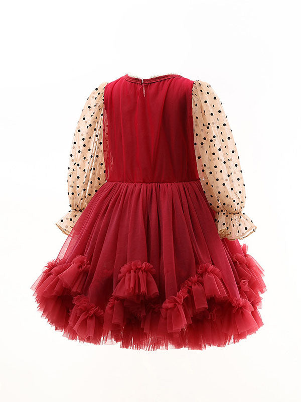 Polka Dot Mesh Long Sleeve Dress Princess Dress Formal Dress - Dorabear