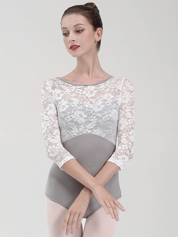 Round Neck Lace Ballet Practice Clothing Mid Sleeve Leotard - Dorabear