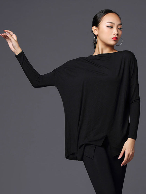 Round Neck Long Sleeve Irregular Hem Top Latin Dance Practice Clothes - Dorabear