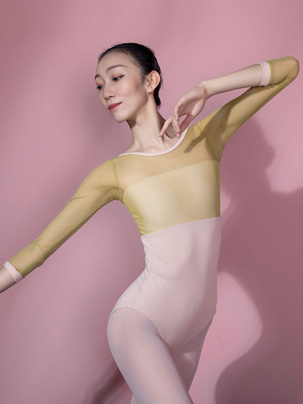 Round Neck Mesh Stitching Two-color Ballet Leotard Practice Clothes - Dorabear
