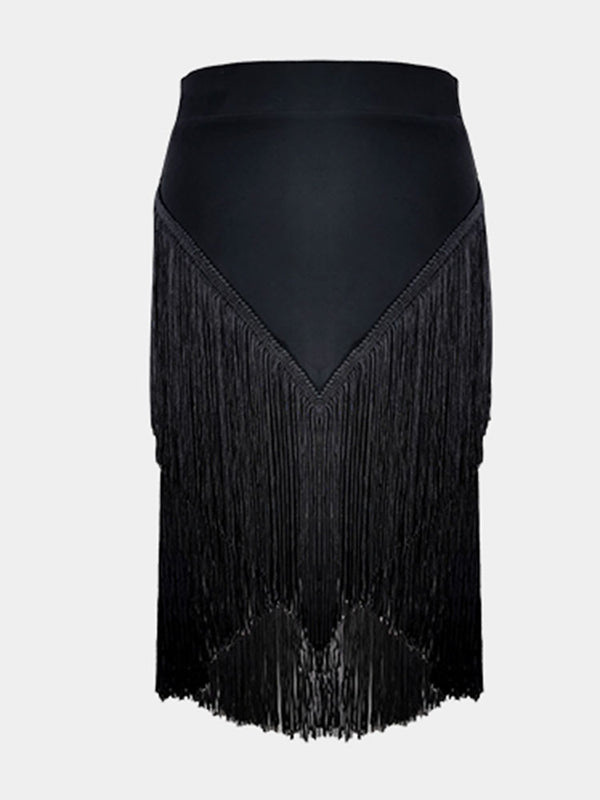 Side Mesh Panel Latin Dance Irregular Layered Fringe Skirt - Dorabear