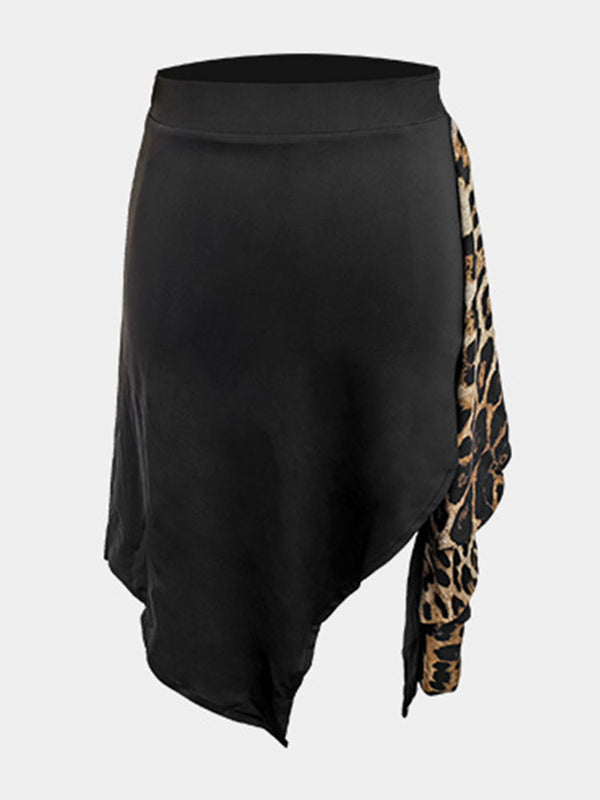 Slant Slit Side Leopard Print Float Latin Dance Irregular Skirt - Dorabear