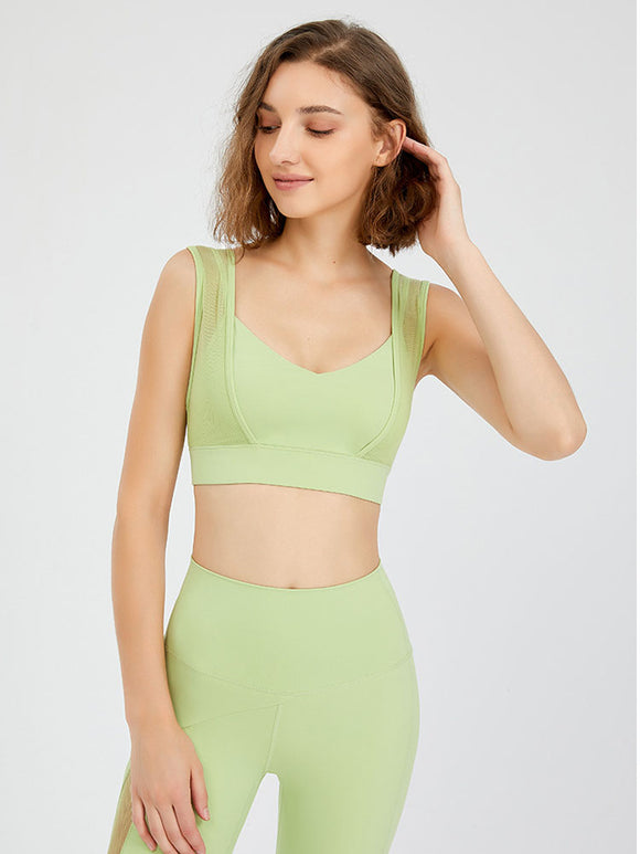 Solid Color Shoulder Strap Dance Bra Mesh Shockproof Yoga Underwear - Dorabear